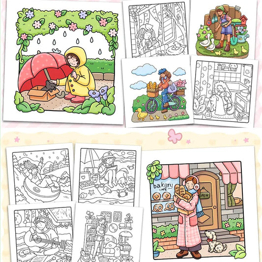 coloring book collection: cozy, adorable spaces with bold thick lines
