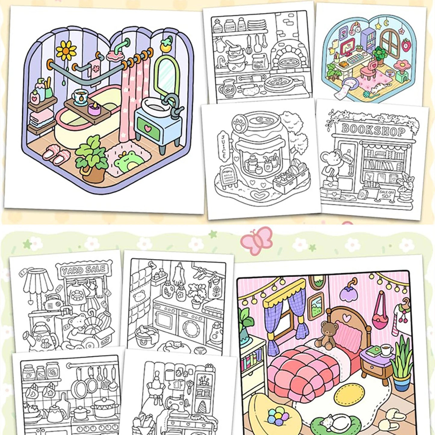 coloring book collection: cozy, adorable spaces with bold thick lines